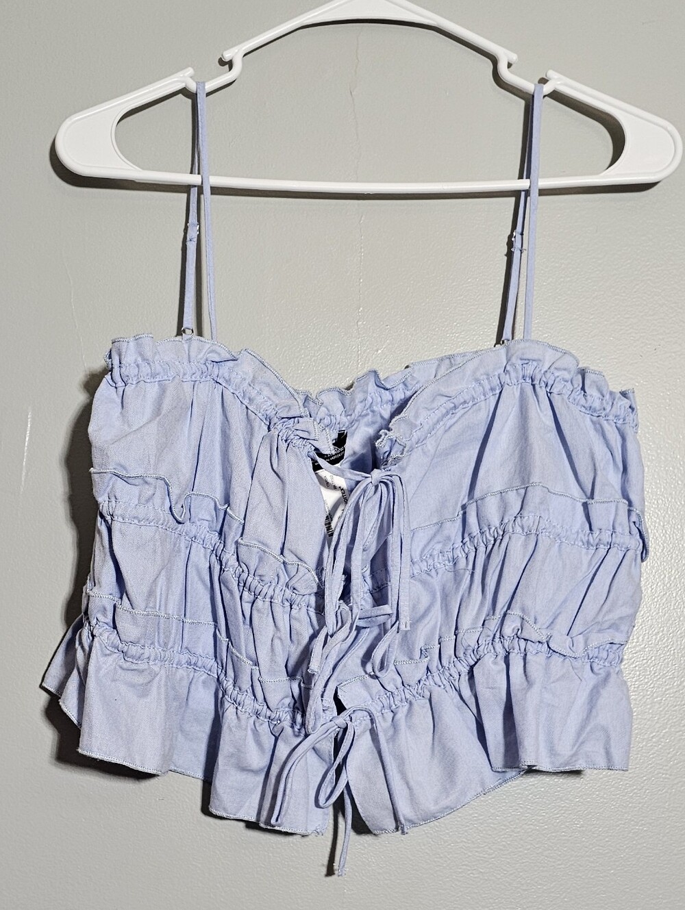 Zara Light Blue Ruched Tie-Front Cropped Tank